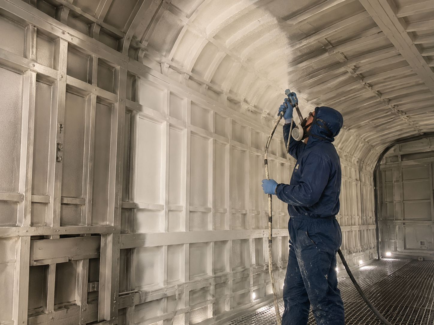 Interior coating application inside a rail vehicle